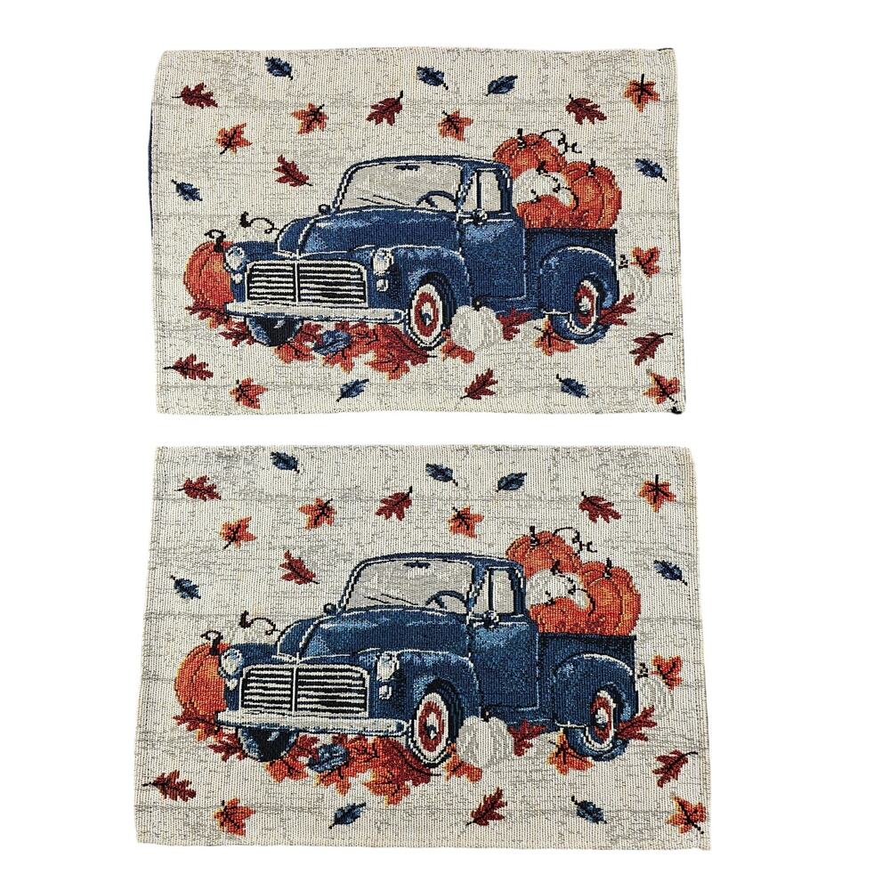 Fall Pumpkin Blue Truck Tapestry Placemats Autumn Leaves Vintage Pickup Truck